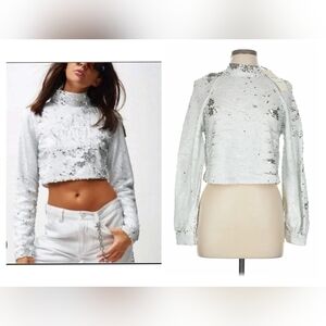 Zara Silver Sequin Cropped Long-Sleeve Top